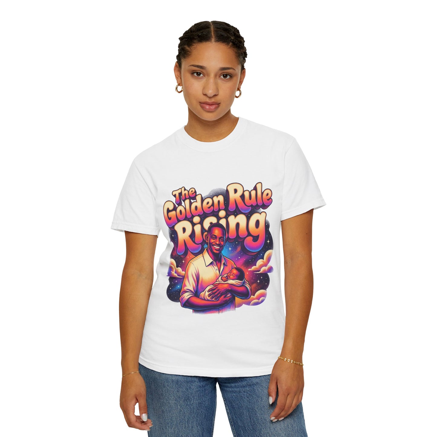The Golden Rule Rising — Retro Cosmic Pop Illustration